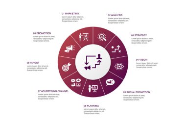 Eş pazarlama Infographic 10 adım daire tasarımı. Varlık, Yıllık rapor, İnternet Gelirleri, Muhasebe simgeleri