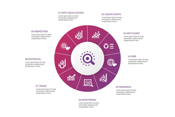 Analytics Infografik 10 Schritte Kreis design.Linearer Graph, Web-Forschung, Trend, Monitoring-Symbole — Stockvektor