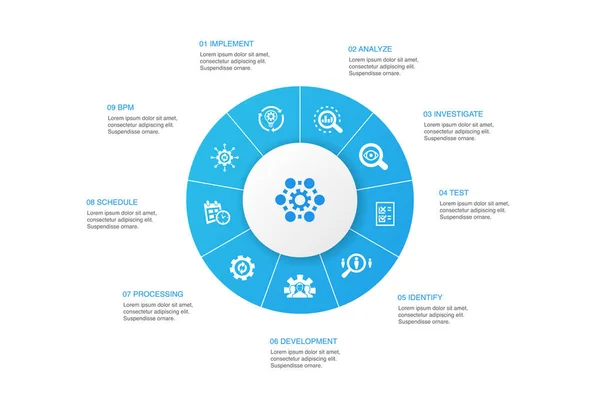 Geschäftsprozess-Infografik 10 Schritte Kreis design.implementieren, analysieren, entwickeln, Verarbeitung von Symbolen — Stockvektor