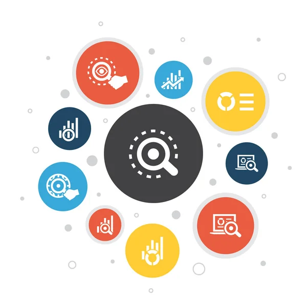 Analytics Infográfico 10 passos bolha design.linear gráfico, pesquisa na web, tendência, ícones de monitoramento — Vetor de Stock