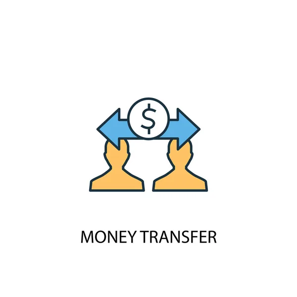 Concepto de transferencia de dinero 2 icono de línea de color. Ilustración simple de elementos amarillos y azules. concepto de transferencia de dinero esquema de diseño — Archivo Imágenes Vectoriales