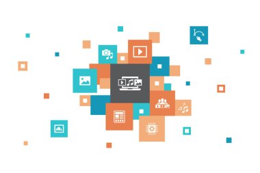 dijital içerik Infographic 10 adım piksel tasarımı. Vektör resmi, ortam, video, sosyal içerik simgeleri