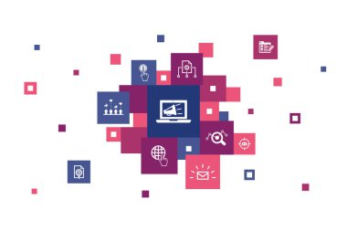 Dijital pazarlama Infographic 10 adım piksel dizaynı.internet, pazarlama araştırması, sosyal kampanya, tıklama başına ödeme simgeleri.
