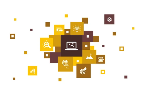 Estratégia digital Infográfico 10 passos pixel design.internet, SEO, marketing de conteúdo, ícones de missão —  Vetores de Stock