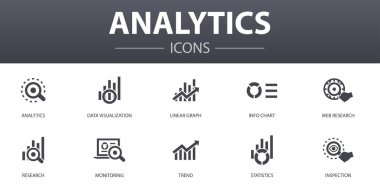 Analitik basit konsept simgeleri ayarlandı. Lineer grafik, web araştırması, eğilim, izleme ve daha fazlası gibi simgeler web, logo için kullanılabilir