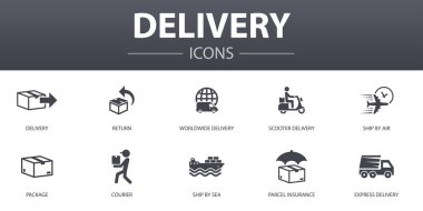 Teslimat basit konsept simgeleri ayarlandı. Dönüş, paket, kurye, ekspres dağıtım ve daha fazlası gibi simgeler web, logo için kullanılabilir