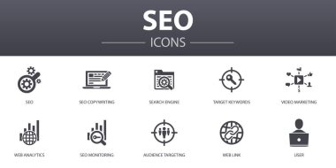 Seo basit konsept simgeleri. Arama motoru, Hedef Kelimeler, Web analizi, Seo izleme ve daha fazlası gibi simgeler web, logo için kullanılabilir