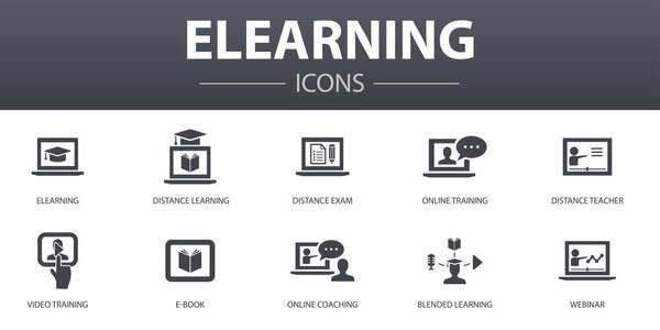 eLearning simple concept icons set. Contains such icons as Distance Learning, Online Training, Video training, Webinar and more, can be used for web, logo