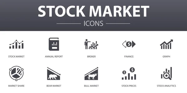 Набор простейших иконок фондового рынка. Содержит такие иконки, как брокер, финансы, график, доля рынка и многое другое, может быть использован для веб, логотип — стоковый вектор