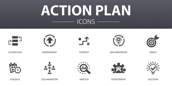 Aktionsplan einfache Konzept-Symbole gesetzt. enthält Symbole wie Verbesserung, Strategie, Umsetzung, Analyse und vieles mehr, kann für Web, Logo verwendet werden — Stockvektor