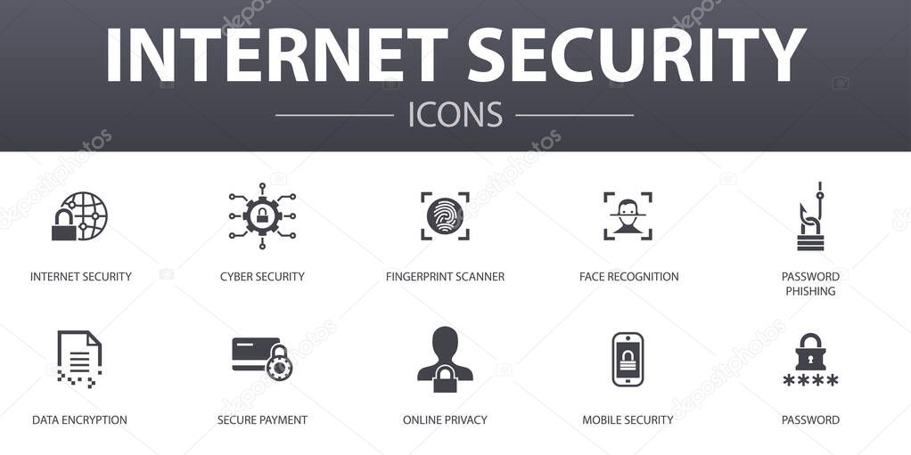 Internet Security simple concept icons set. Contains such icons as cyber security, fingerprint scanner, data encryption, password and more, can be used for web, logo