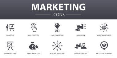 Basit konsept simgelerinin pazarlanması. Eylem, tanıtım, pazarlama planı, pazarlama stratejisi ve daha fazlası gibi simgeler web, logo için kullanılabilir