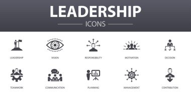 Liderlik basit konsept simgeleri ayarlandı. Sorumluluk, motivasyon, iletişim, takım çalışması ve daha fazlası gibi simgeler web, logo için kullanılabilir
