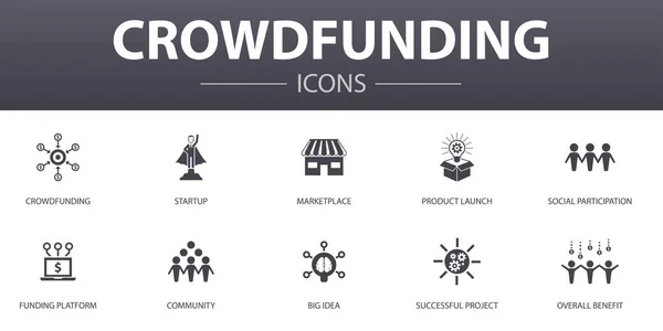 Crowdfunding conjunto de ícones de conceito simples. Contém ícones como inicialização, lançamento de produtos, plataforma de financiamento, comunidade e muito mais, pode ser usado para web, logotipo — Vetor de Stock