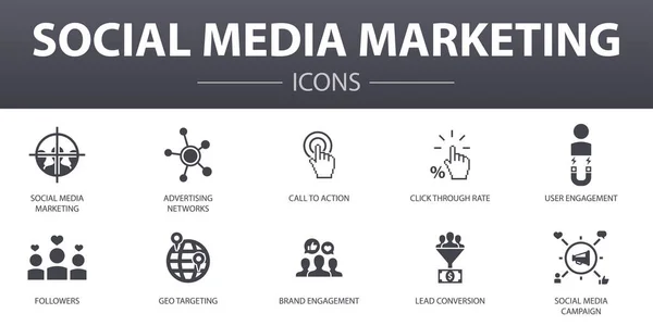 Közösségi média Marketing egyszerű koncepció ikonok beállítva. Tartalmaz olyan ikonok, mint a felhasználói elkötelezettség, Követők, Call To Action, Ólom átalakítás és több, lehet használni a web, logó — Stock Vector