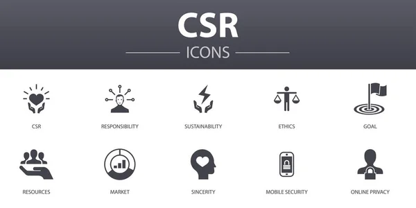 Conjunto de ícones de conceito simples CSR. Contém ícones como responsabilidade, sustentabilidade, ética, objetivo e muito mais, pode ser usado para web, logotipo —  Vetores de Stock