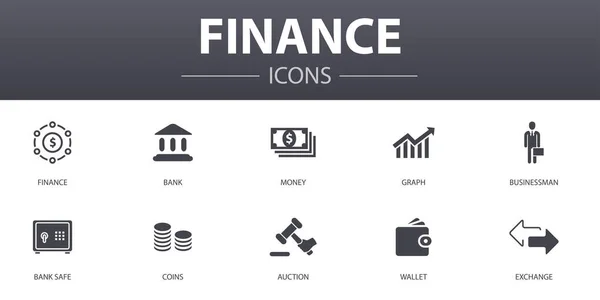 Financiën eenvoudige concept pictogrammen ingesteld. Bevat dergelijke pictogrammen als Bank, Geld, Grafiek, Exchange en nog veel meer, kan worden gebruikt voor web, logo — Stockvector