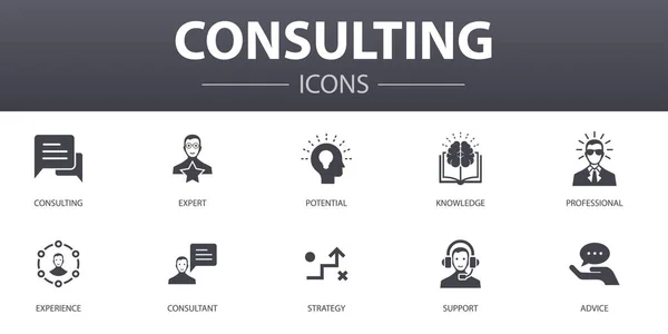 Konzultace jednoduchých koncepčních ikon nastavena. Obsahuje ikony jako Expert, znalosti, zkušenosti, konzultant a další, lze použít pro web, logo — Stockový vektor