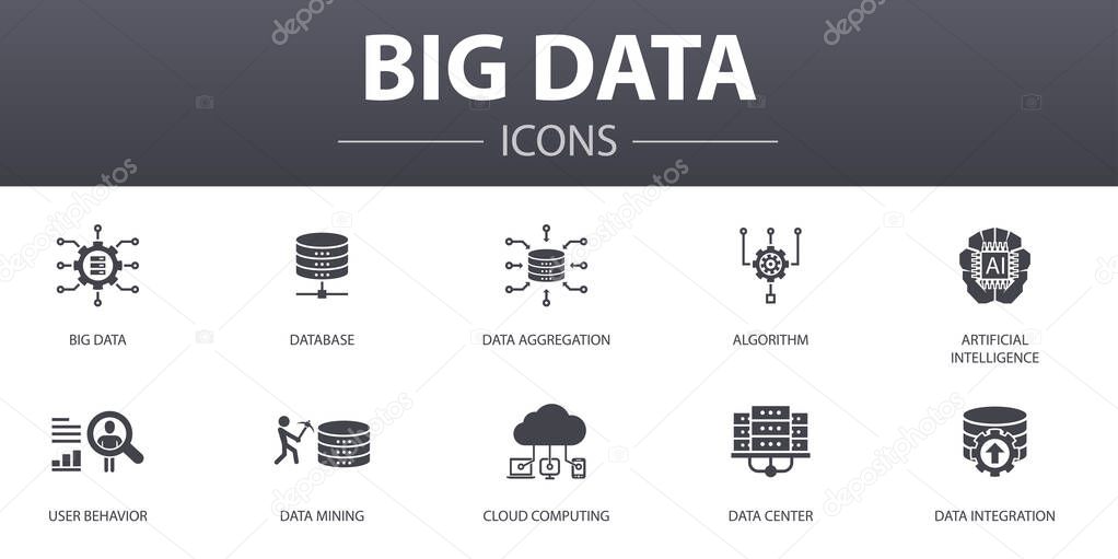 Big data simple concept icons set. Contains such icons as Database, Artificial intelligence, User behavior, Data center and more, can be used for web, logo