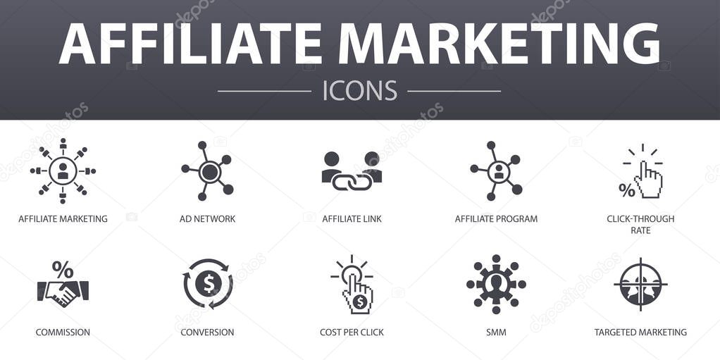 affiliate marketing simple concept icons set. Contains such icons as Affiliate Link, Commission, Conversion, Cost per Click and more, can be used for web, logo