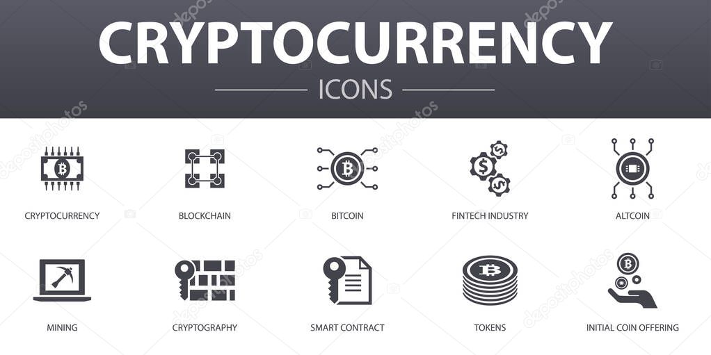 Cryptocurrency simple concept icons set. Contains such icons as blockchain, fintech industry, Mining, Cryptography and more, can be used for web, logo