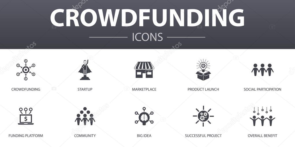 Crowdfunding simple concept icons set. Contains such icons as startup, product launch, funding platform, community and more, can be used for web, logo