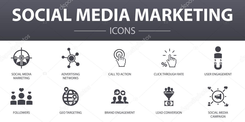 Social Media Marketing simple concept icons set. Contains such icons as User Engagement, Followers, Call To Action, Lead conversion and more, can be used for web, logo