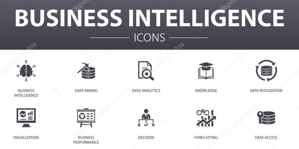 Business intelligence simple concept icons set. Contains such icons as data mining, knowledge, visualization, decision and more, can be used for web, logo