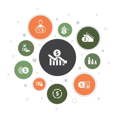 finansal kriz Infographic 10 adım piksel tasarımı. Bütçe açığı, kötü krediler, hükümet borcu, yeniden yapılandırma simgeleri