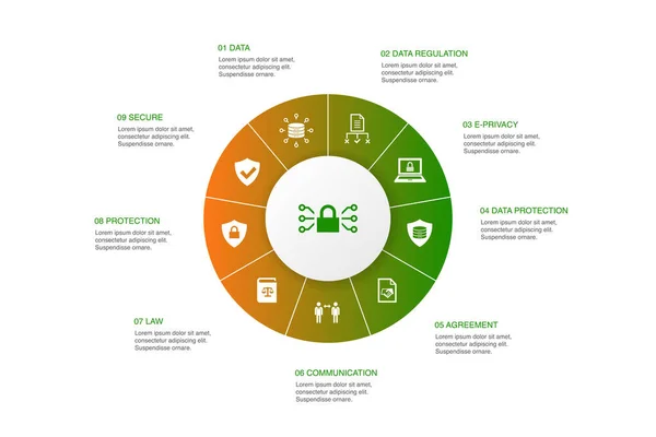 GDPR Infografía 10 pasos círculo design.data, e-Privacy, acuerdo, iconos de protección — Archivo Imágenes Vectoriales