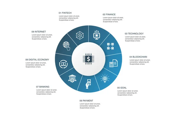 Fintech Infographic 10 adım daire dizaynı. Finans, teknoloji, engelleme zinciri, yenilik simgeleri — Stok Vektör