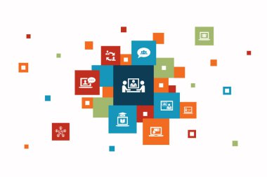 Çevrimiçi konferans Infographic 10 adım piksel tasarımı... grup sohbeti, çevrimiçi öğrenme, webinar, konferans çağrı simgeleri