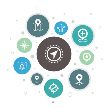 Navigasyon Bilgisi.10 adım kabarcık tasarımı. Konum, harita, GPS, yön simgeleri