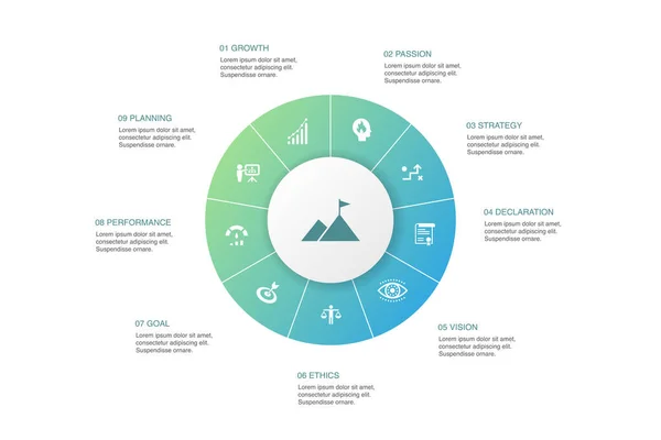 Mission Infografik 10 Schritte Kreis entwerfen. Wachstum, Leidenschaft, Strategie, Performance-Symbole — Stockvektor