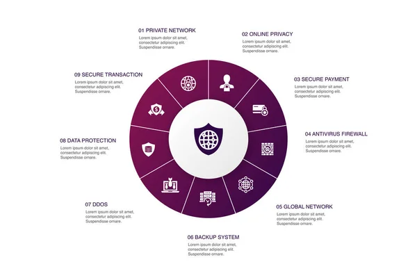 Network security Infographic 10 steps circle design.private network, online privacy, backup system, data protection icons — 스톡 벡터