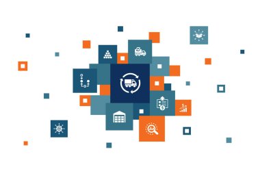 Scm Infographic 10 adım piksel tasarımı. yönetim, analiz, dağıtım, satın alma simgeleri