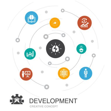 Basit simgelerle renkli çember konsepti geliştir. Küresel çözüm, bilgi, yatırımcı gibi unsurları içerir