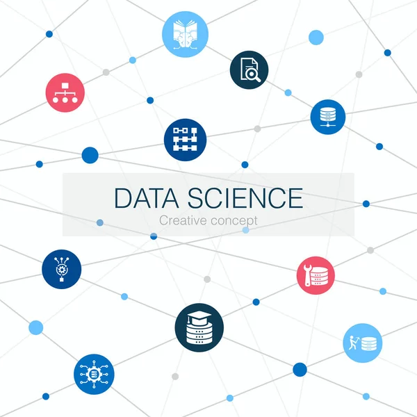 Data Science moderno modelo web com ícones simples. Contém elementos como aprendizado de máquina, Big Data, banco de dados — Vetor de Stock