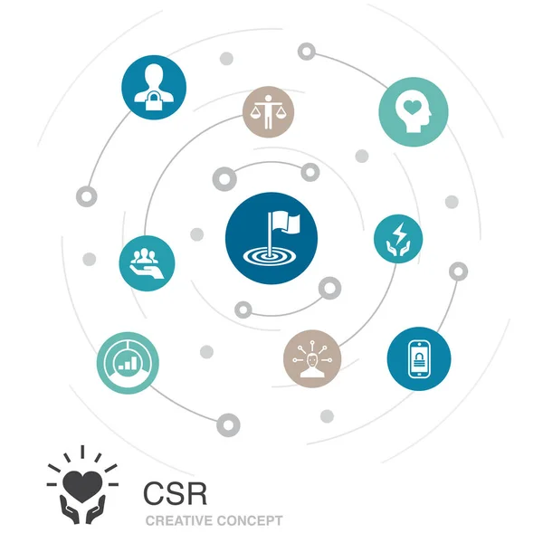 Concepto de círculo de color CSR con iconos simples. Contiene elementos como responsabilidad, sostenibilidad, ética — Vector de stock