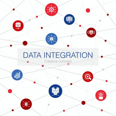 Basit simgelerle veri entegrasyonu modası web şablonu. Veritabanı, veri bilimci, Analitik, Makine gibi elementler içerir