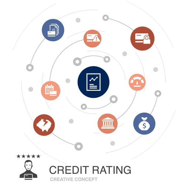 Úvěrový rating barevný kruh koncept s jednoduchými ikonami. Obsahuje prvky jako úvěrové riziko, kreditní skóre, konkurs, poplatek — Stockový vektor