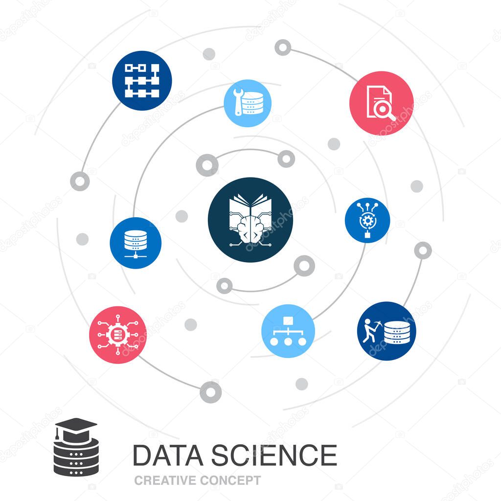 Data Science colored circle concept with simple icons. Contains such elements as machine learning, Big Data, Database