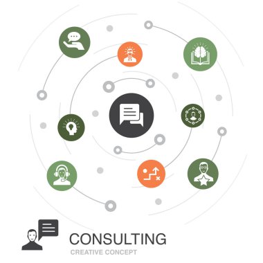 Basit simgelerle renkli çember konseptine danışıyorum. Uzman, bilgi, deneyim gibi elementler içerir