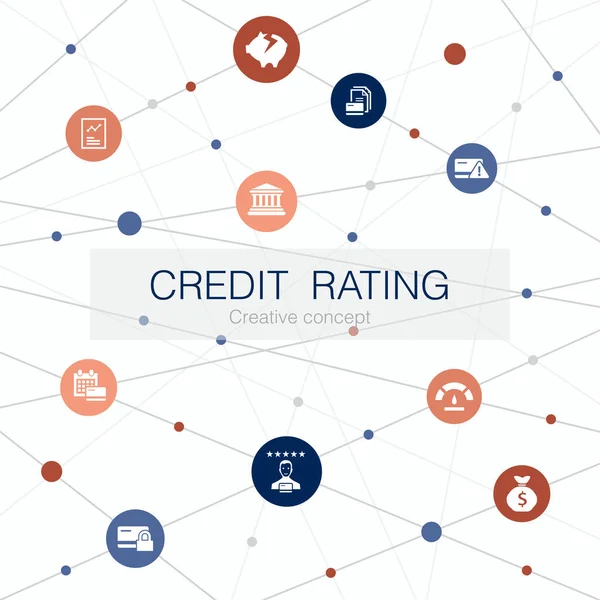 Kreditní rating trendy webové šablony s jednoduchými ikonami. Obsahuje prvky jako úvěrové riziko, kreditní skóre, konkurs, poplatek — Stockový vektor