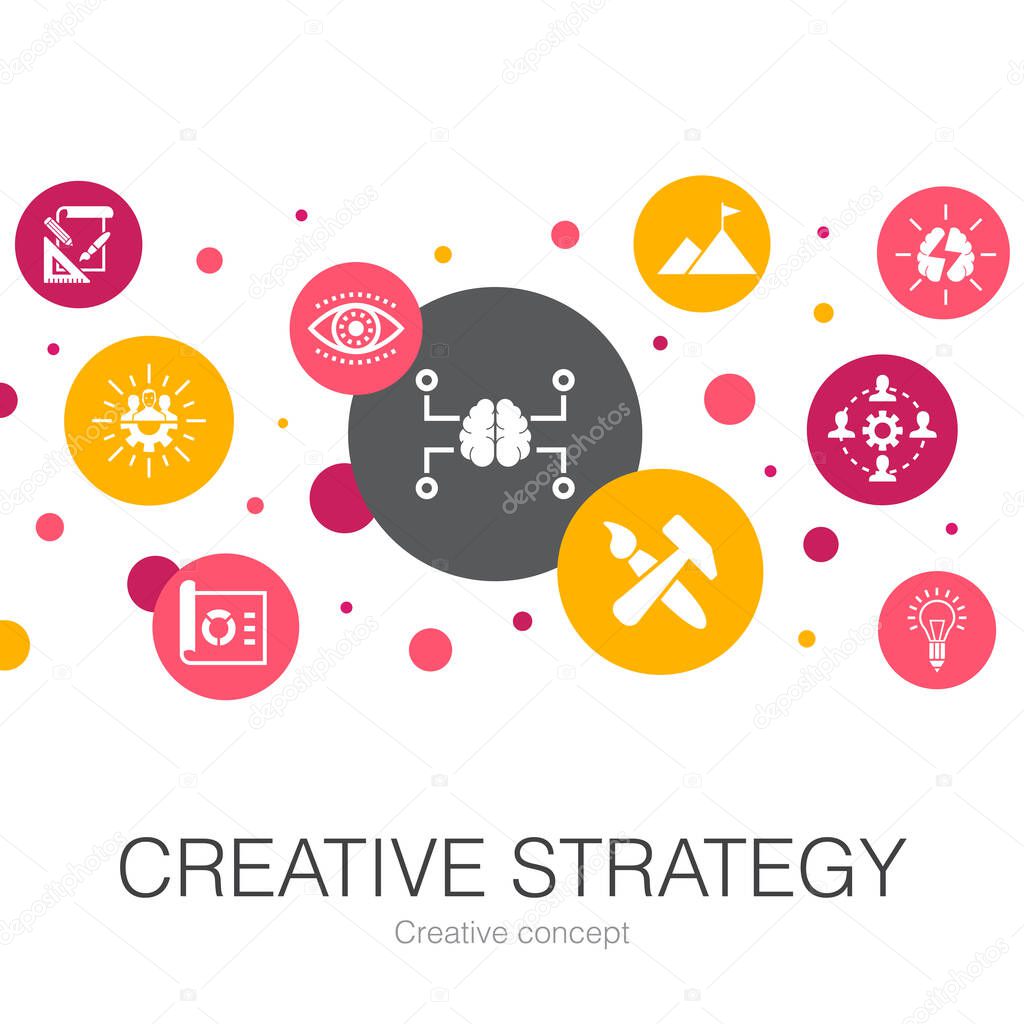 Creative Strategy trendy circle template with simple icons. Contains such elements as vision, brainstorm, collaboration