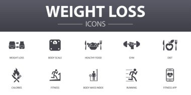 kilo kaybı basit konsept simgeleri ayarlandı. Vücut ölçeği, sağlıklı yiyecek, spor salonu, diyet ve daha fazlası gibi ikonlar web, logo için kullanılabilir.