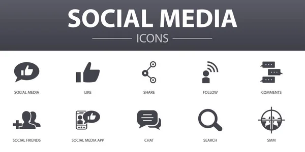 Sosyal medya basit konsept simgeleri ayarlandı. Web, logo gibi simgeler, paylaşım, takip, yorumlar ve daha fazlası için kullanılabilir — Stok Vektör
