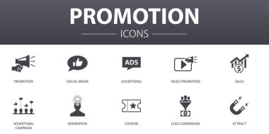 Tanıtım basit konsept simgeleri ayarlandı. Reklam, satış, kurşun dönüşümü, çekim ve daha fazlası gibi ikonlar web, logo için kullanılabilir