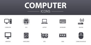 Bilgisayar basit konsept simgeleri ayarlandı. İşlemci, Laptop, Klavye, sabit disk ve daha fazlası gibi simgeler web, logo için kullanılabilir