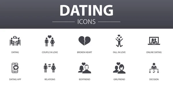 Namoro conjunto de ícones conceito simples. Contém ícones como casal apaixonado, se apaixonar, namoro aplicativo, relações e muito mais, pode ser usado para web, logotipo — Vetor de Stock